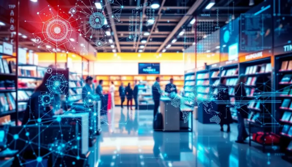 A stylized visual combining elements of AI and retail environments, depicting the future of shopping.