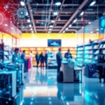 A stylized visual combining elements of AI and retail environments, depicting the future of shopping.