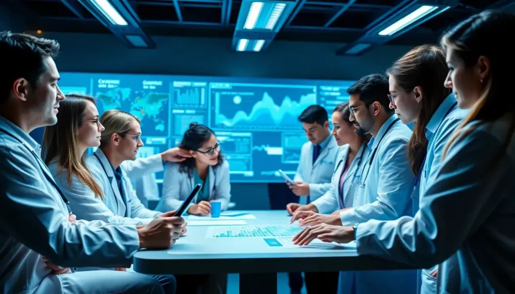 Diverse healthcare team working together on AI healthcare analytics.