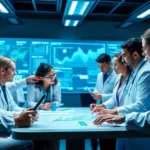 Diverse healthcare team working together on AI healthcare analytics.
