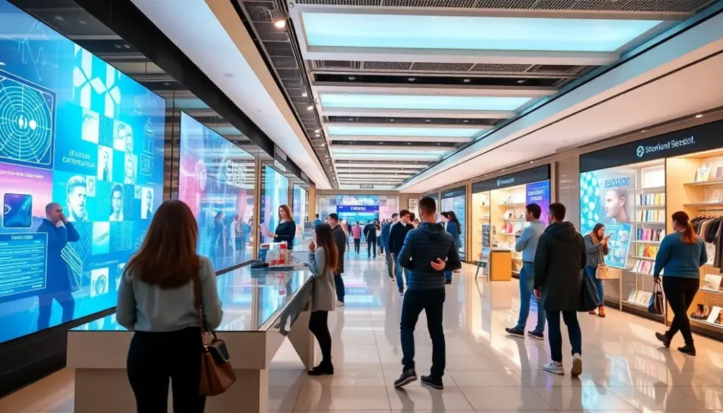 Futuristic retail space with integrated AI technologies, enhancing customer shopping experiences through innovation.