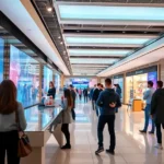 Futuristic retail space with integrated AI technologies, enhancing customer shopping experiences through innovation.