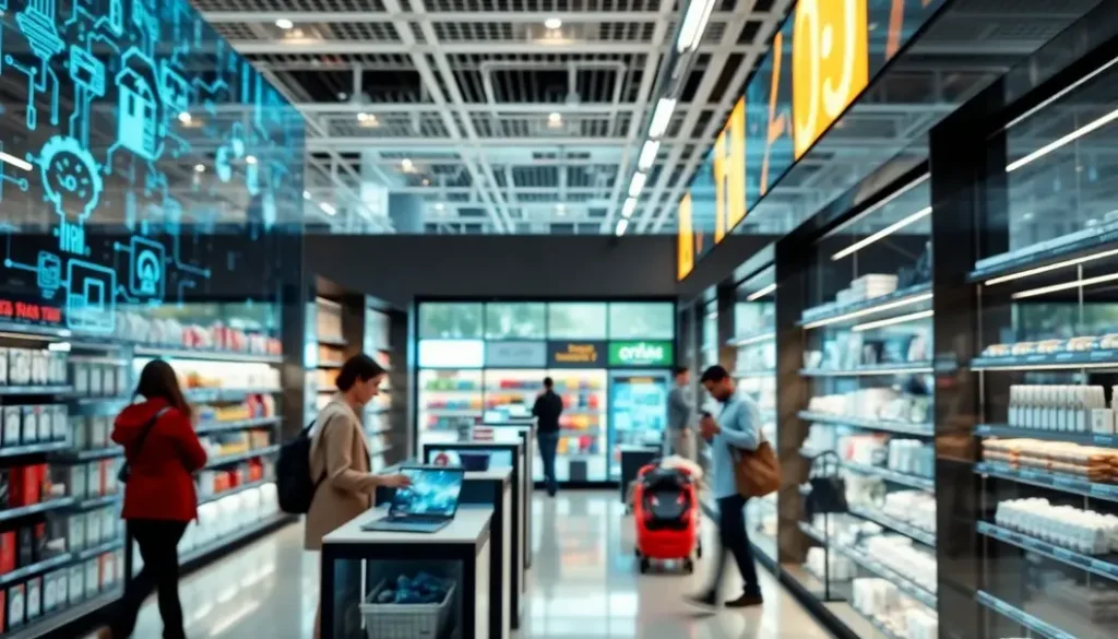 Futuristic retail environment showcasing AI technology enhancing customer interactions.