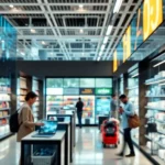 Futuristic retail environment showcasing AI technology enhancing customer interactions.
