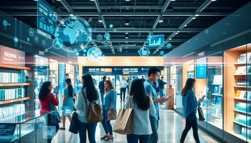 A modern retail setting featuring diverse shoppers interacting with AI technologies.