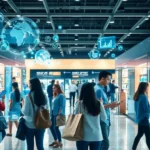A modern retail setting featuring diverse shoppers interacting with AI technologies.