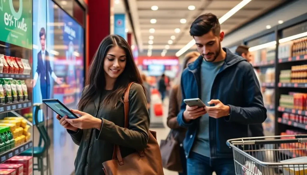 Shoppers interacting with AI-driven retail technology.