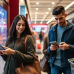 Shoppers interacting with AI-driven retail technology.