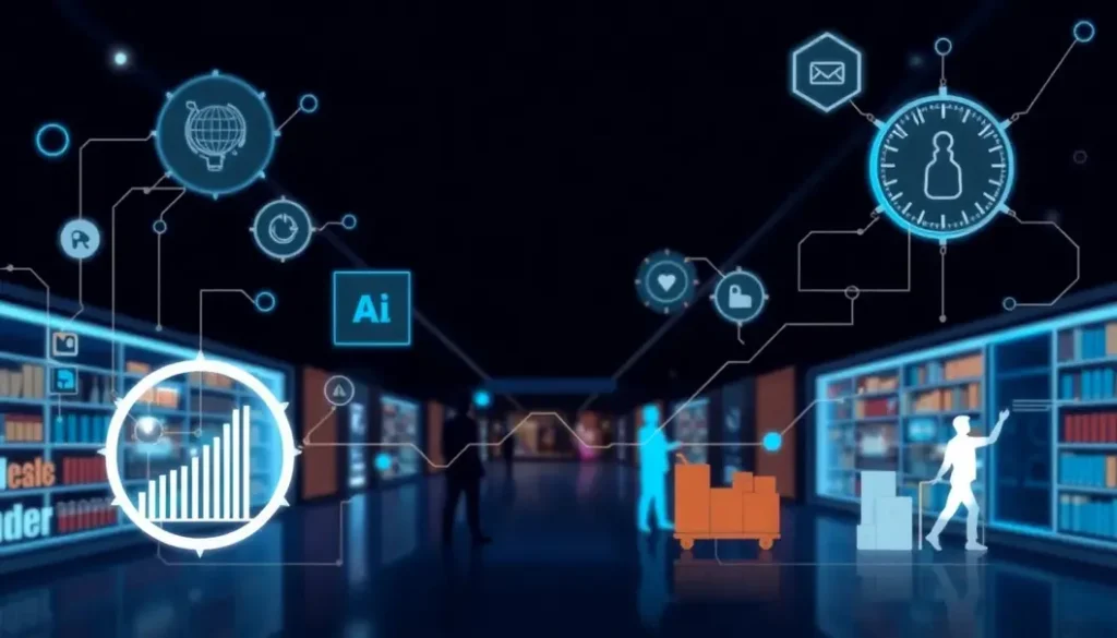 An illustrative representation of AI integrating with retail operations, showcasing analytics, customer interactions, and supply chain optimization.