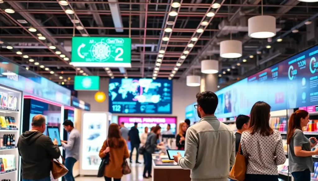 A lively retail space integrating AI technology for customer engagement and analytics.