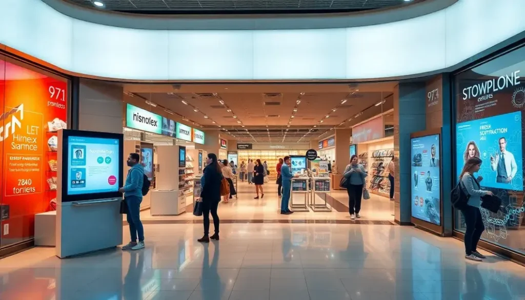 Futuristic retail storefront showcasing AI technologies.