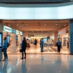 Futuristic retail storefront showcasing AI technologies.
