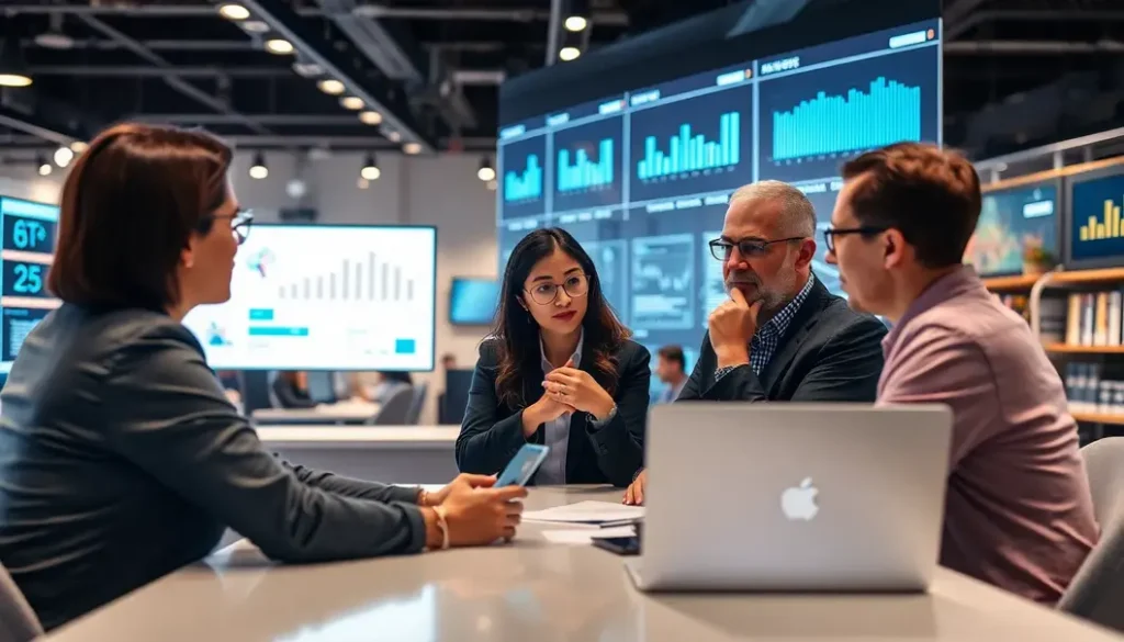 HR and technology executives conversing about AI strategies in a modern office environment.