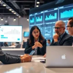 HR and technology executives conversing about AI strategies in a modern office environment.