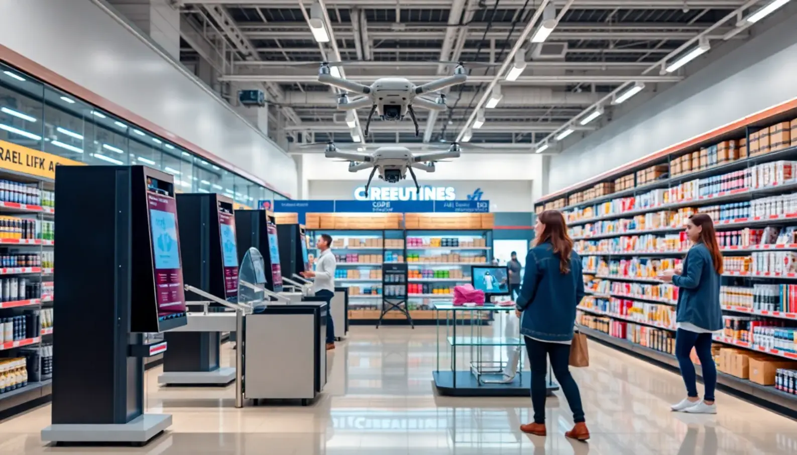 Shoppers interacting with personalized recommendation systems in a retail store.
