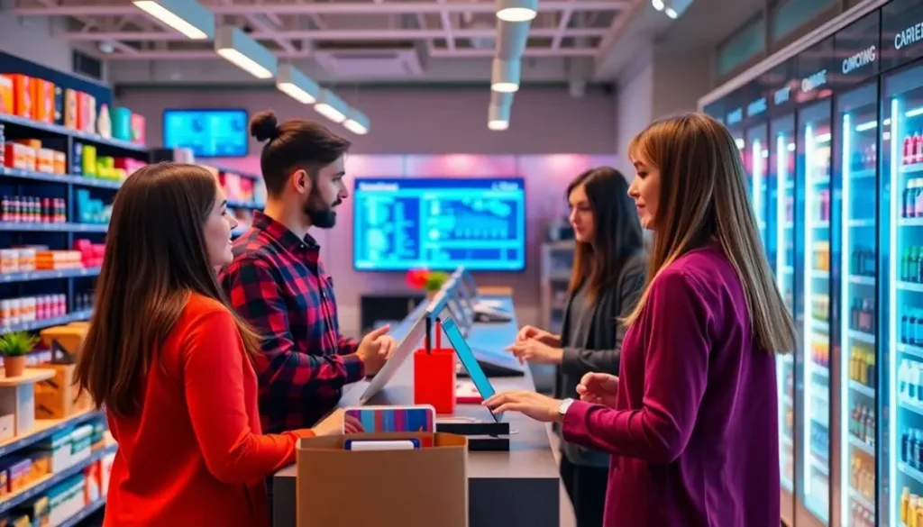 A modern retail workspace showcasing employees using AI to enhance compliance and customer service.