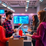 A modern retail workspace showcasing employees using AI to enhance compliance and customer service.