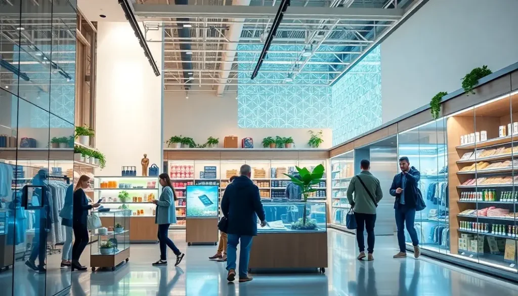 A contemporary retail store showcasing eco-friendly practices and AI technology.