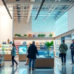 A contemporary retail store showcasing eco-friendly practices and AI technology.