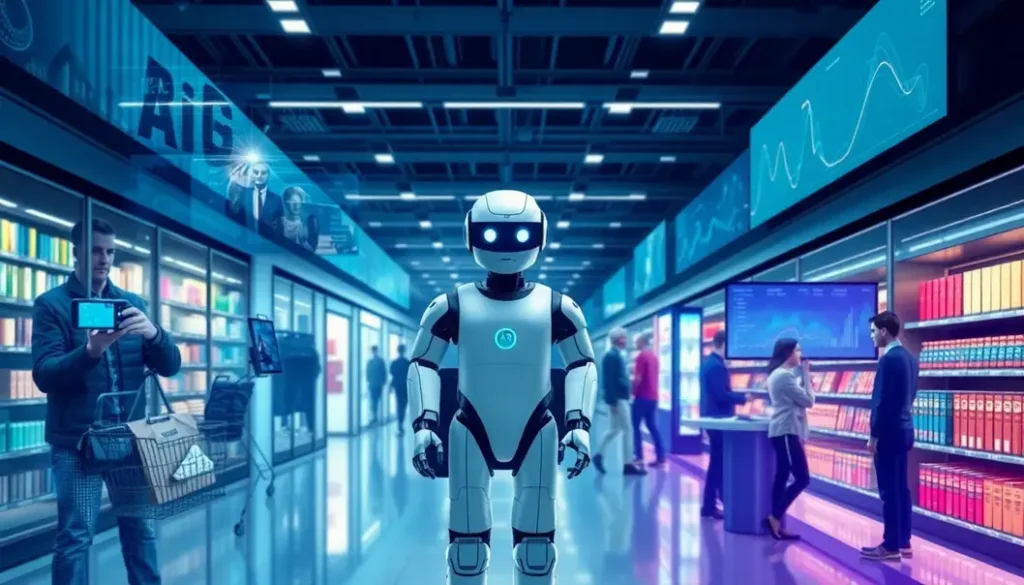 A futuristic representation of AI technologies in retail, showing shoppers with AR devices and robots assisting customers.