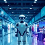 A futuristic representation of AI technologies in retail, showing shoppers with AR devices and robots assisting customers.