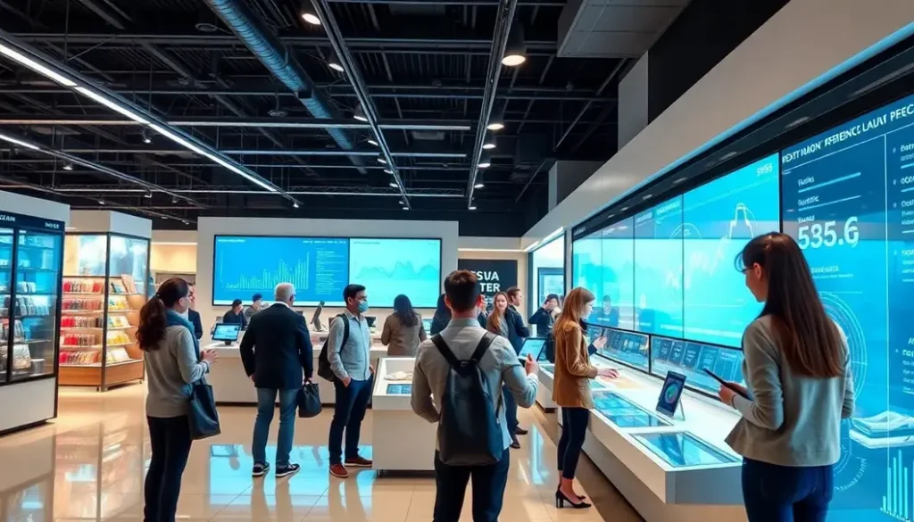 Futuristic retail environment featuring customers interacting with AI-driven kiosks and advanced analytics displays.
