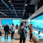Futuristic retail environment featuring customers interacting with AI-driven kiosks and advanced analytics displays.