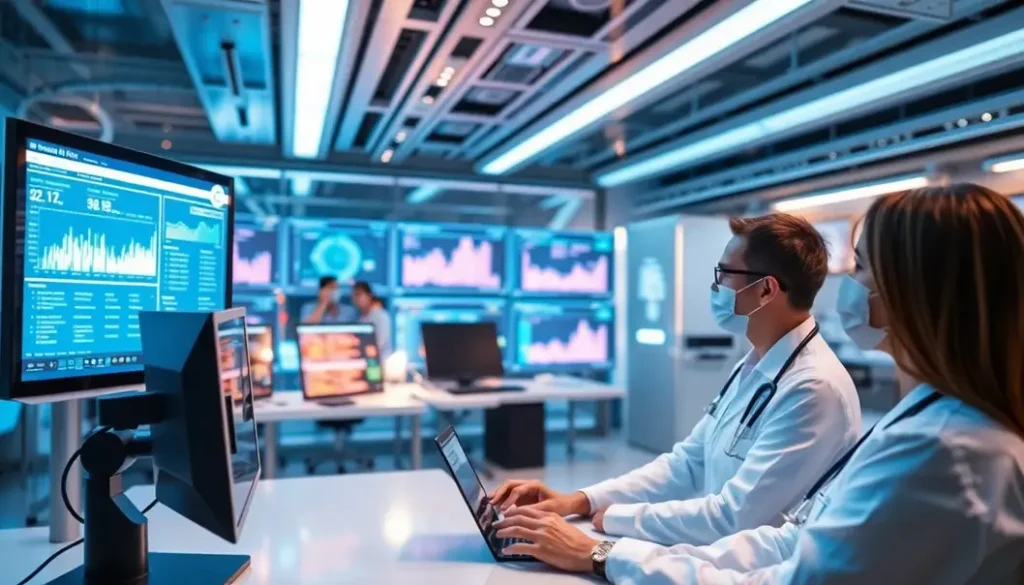 A high-tech healthcare analytics environment with professionals using AI to improve patient engagement.