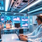 A high-tech healthcare analytics environment with professionals using AI to improve patient engagement.
