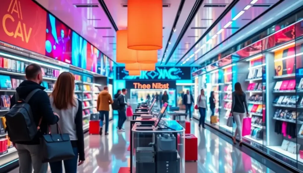 A visually striking representation of a futuristic retail space, illustrating the integration of AI technology in enhancing the shopping experience.