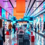A visually striking representation of a futuristic retail space, illustrating the integration of AI technology in enhancing the shopping experience.
