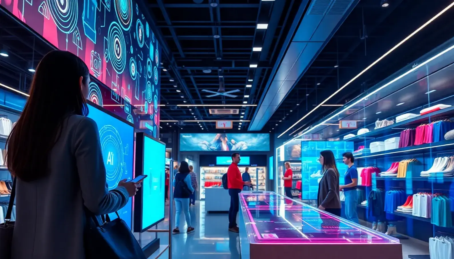 A modern retail space featuring AI displays enhancing customer interaction.