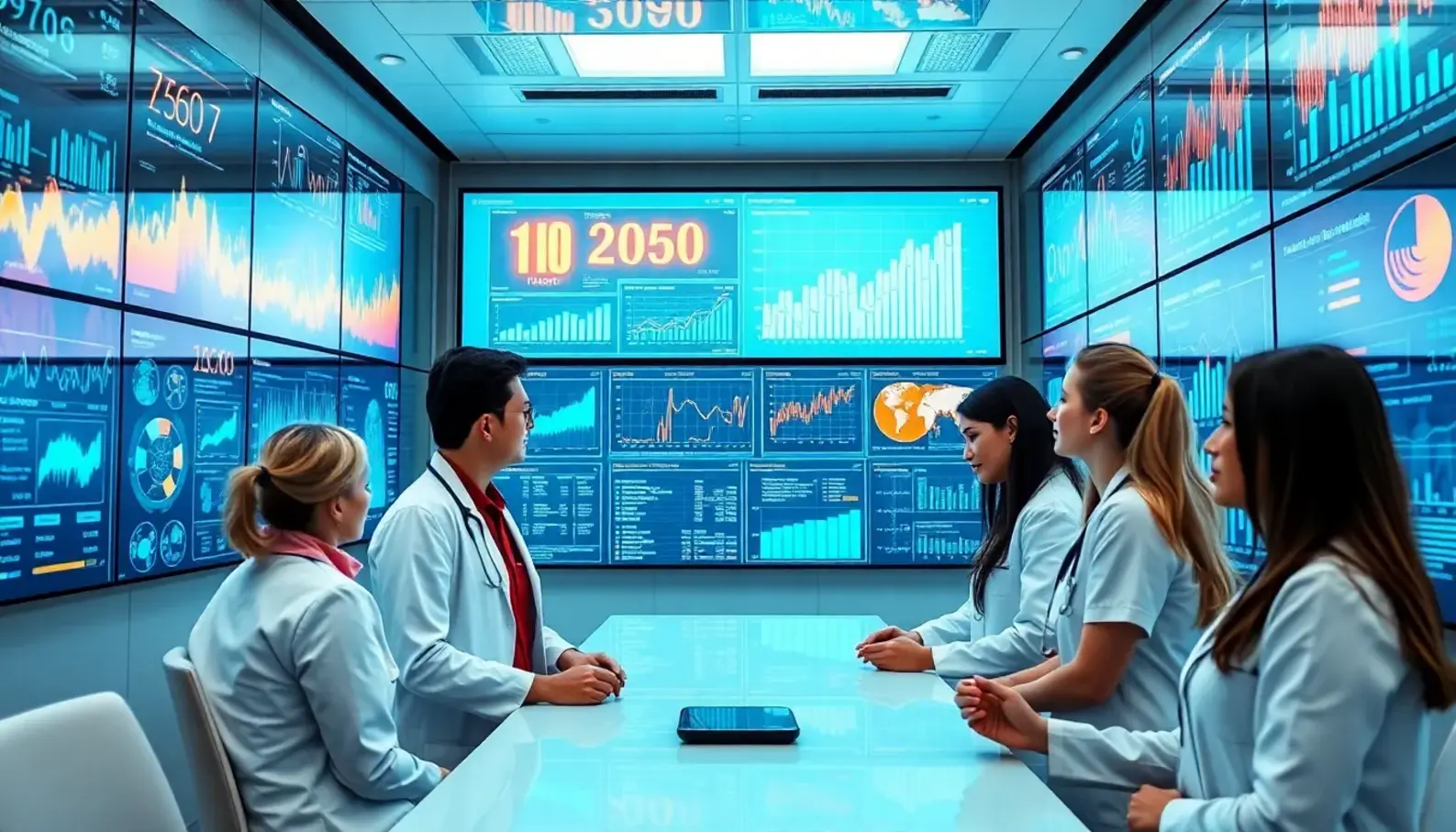 A modern healthcare analytics room showcasing collaborative work with AI-driven insights.