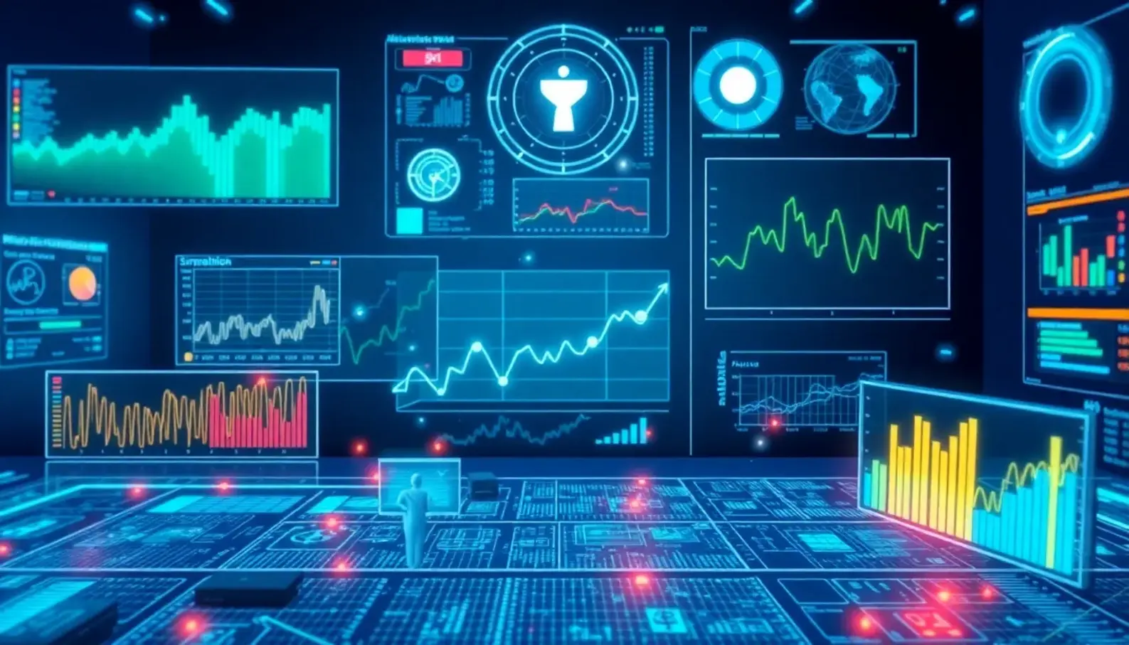 A modern healthcare analytics room showcasing collaborative work with AI-driven insights.