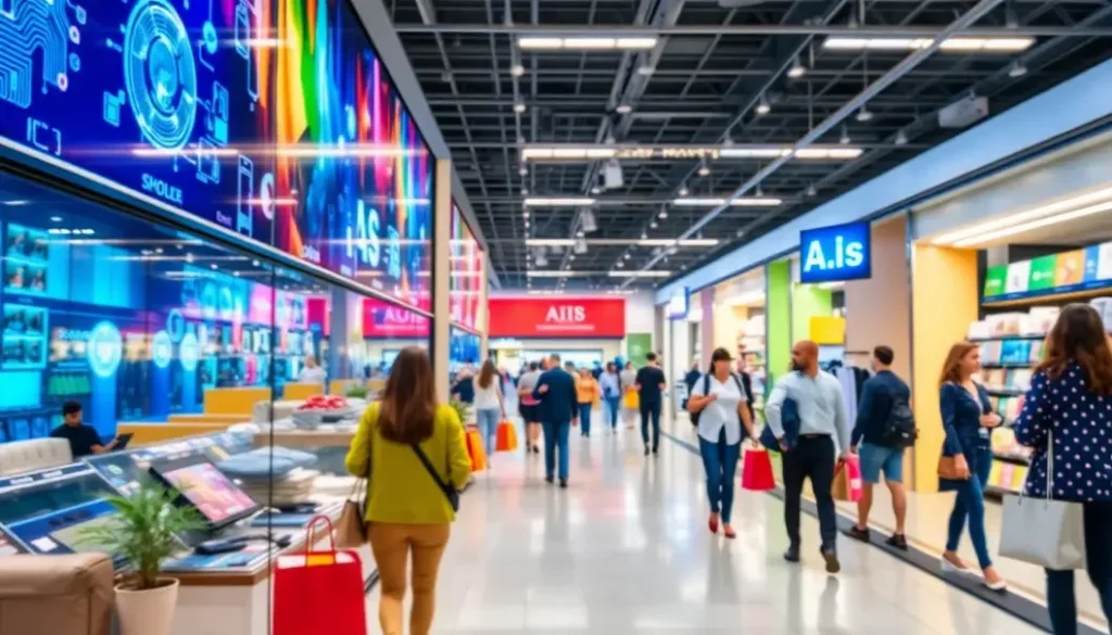 A busy retail store demonstrating AI technologies enhancing security while consumers enjoy a safe shopping experience.