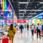 A busy retail store demonstrating AI technologies enhancing security while consumers enjoy a safe shopping experience.