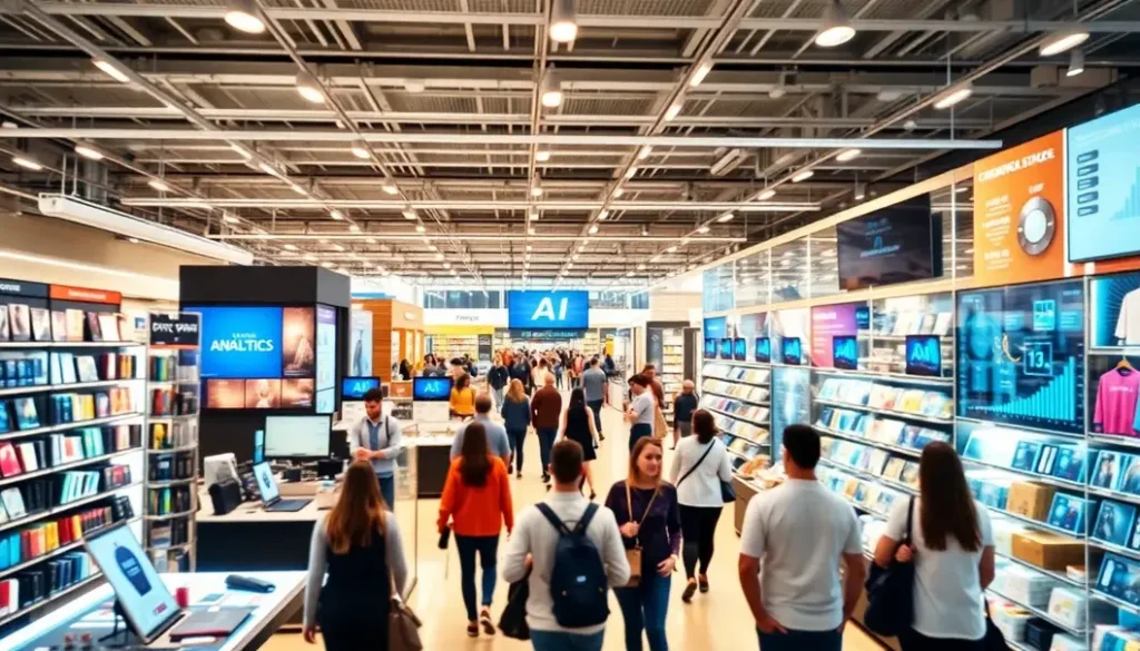 A vibrant retail store showcasing customers interacting with AI technologies.