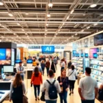 A vibrant retail store showcasing customers interacting with AI technologies.