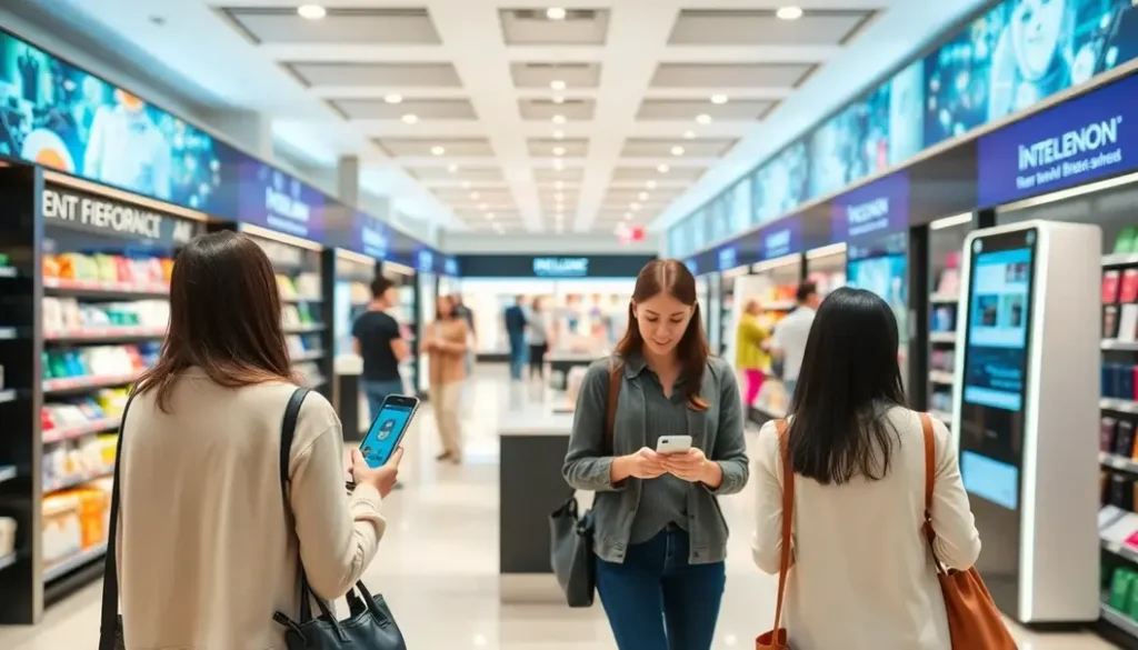 Panoramic view of a retail space showcasing the integration of AI technologies and engaged customers.