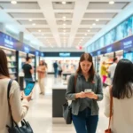 Panoramic view of a retail space showcasing the integration of AI technologies and engaged customers.