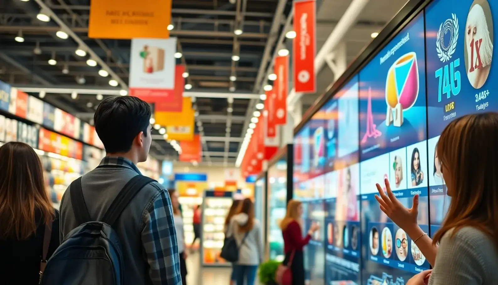 Shoppers interacting with personalized recommendation systems in a retail store.