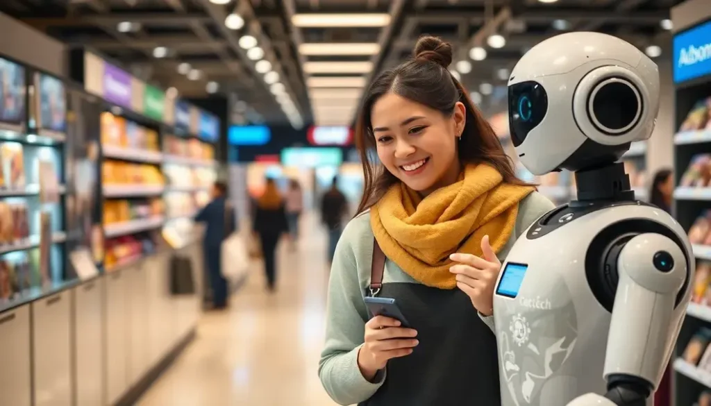 A shopper joyfully engaging with an AI assistant inside a modern retail store.