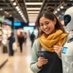 A shopper joyfully engaging with an AI assistant inside a modern retail store.