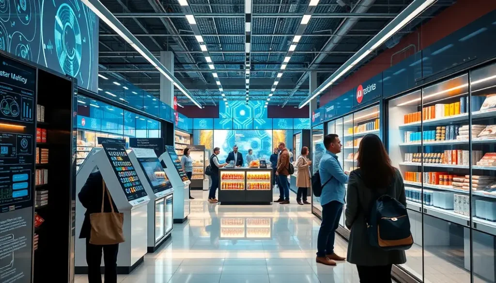 A futuristic retail environment illustrating advanced scheduling and customer interaction technologies.