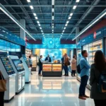 A futuristic retail environment illustrating advanced scheduling and customer interaction technologies.