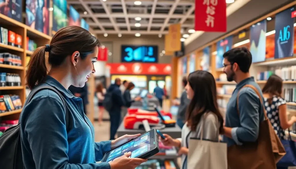 A blend of traditional and modern retail, showing AI integration into customer interactions.