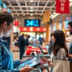 A blend of traditional and modern retail, showing AI integration into customer interactions.