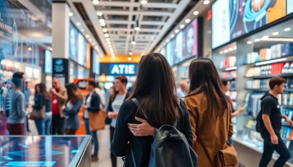 A lively retail space illustrating AI-enhanced customer experiences with interactive displays and engaged shoppers.