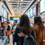 A lively retail space illustrating AI-enhanced customer experiences with interactive displays and engaged shoppers.