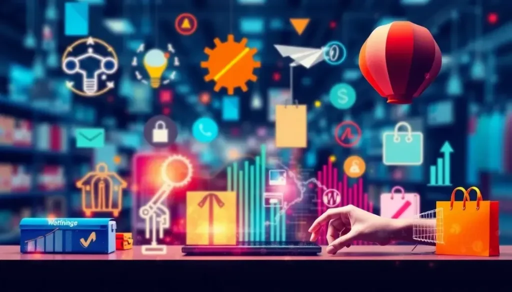 A collage representing AI technology, consumer interactions, and ethical marketing practices in retail.